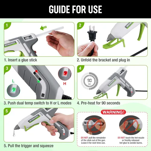 Vista 9 de WORKPRO Pistola de pegamento caliente tamaño completo – Juego de pistola de pegamento de doble temperatura de 60/100 W con 10 barras de pegamento