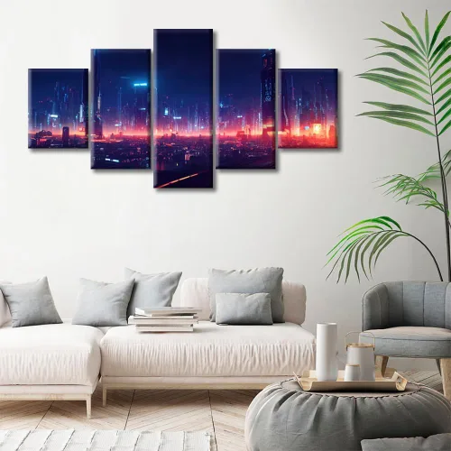 Vista 328 de Cuadros de 5 paneles de Cyberpunk City, arte de pared, representación de vallas publicitarias, edificios modernos en la capital con obras de arte