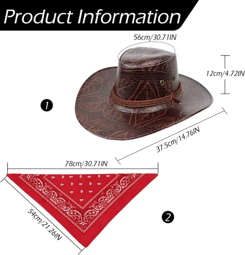 Vista 4 de L'VOW Conjunto de sombrero de vaquero retro de piel sintética con bandana para mujeres y hombres, disfraz temático de fiesta