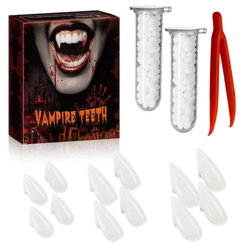 Vista 8 de TLPUHU 4 pares de dientes de vampiro, 4 tamaños de colmillos de vampiro para Halloween Cosplay