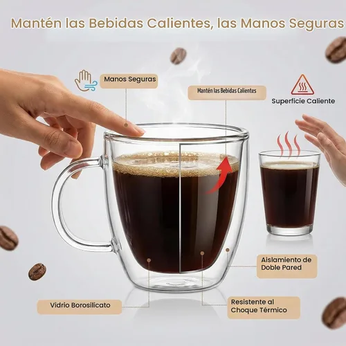 Vista 3 de Tazas de café de vidrio de doble pared de 5 oz / 5.1 fl oz, juego de 2 tazas aisladas con asas, elegantes tazas de café