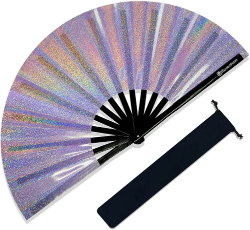 Vista 10 de Ventilador grande para rave, ventilador de mano plegable Clack con tela de primera calidad, marco de bambú grueso para hombres y mujeres, regalo
