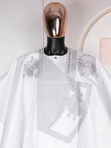 Vista 2 de HD African Bazin Pareja Ropa Tradicional Bordado Agbada Boubou Caftan Set para Hombre Blanco-9939