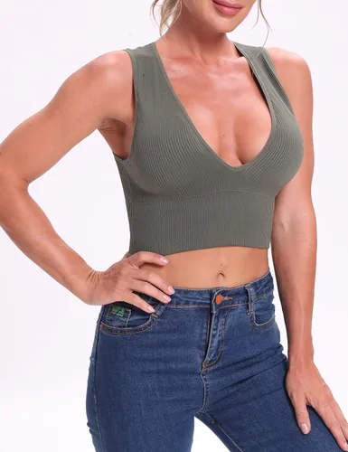 Vista 3 de Venbond - Ombliguera sexy sin mangas y costuras para mujeres, camiseta estriada sin mangas, escote profundo y cuello en V, con almohadillas