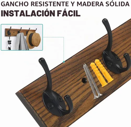 Vista 6 de Perchero Montado en la Pared, Perchero de Pared con 4 Ganchos Rústicos para Abrigos, Riel de Perchero de Madera de Fresno de 17" para Entrada