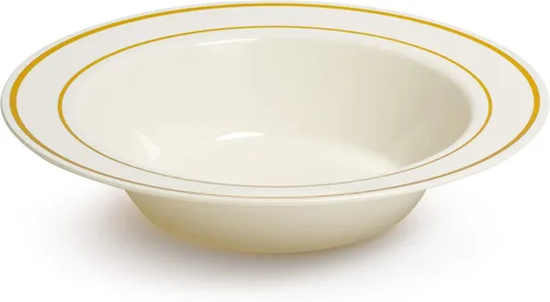 Vista 5 de Oasis Creations Cuencos de marfil con borde dorado, 5 onzas, 50 unidades, plástico duro, desechables o reutilizables, para postres, ensaladas