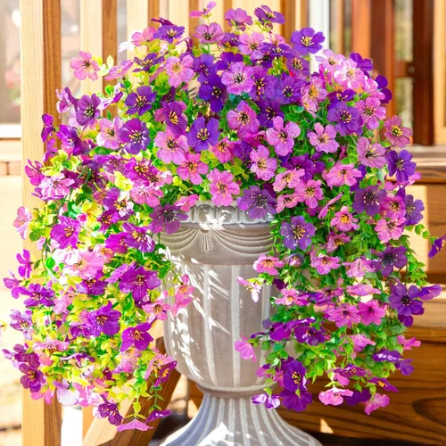 Vista 9 de Flores artificiales colgantes de imitación para decoración exterior de otoño, 2 piezas de violetas de seda falsas con eucalipto, resistentes a