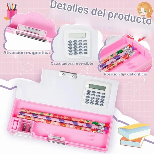 Vista 3 de Henoyso Estuche multifuncional de 2 piezas con calculadora para niñas, bonita caja de lápices de plástico con sacapuntas, bolsa para bolígrafos