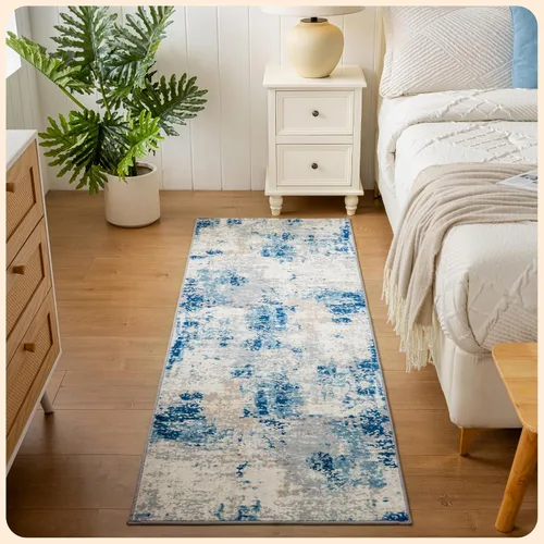 Vista 86 de Istana Alfombra larga antideslizante de 2.5 x 8 para el hogar, para pasillo y cocina, lavable, sedosa y suave al tacto, elegante, color azul y marfil