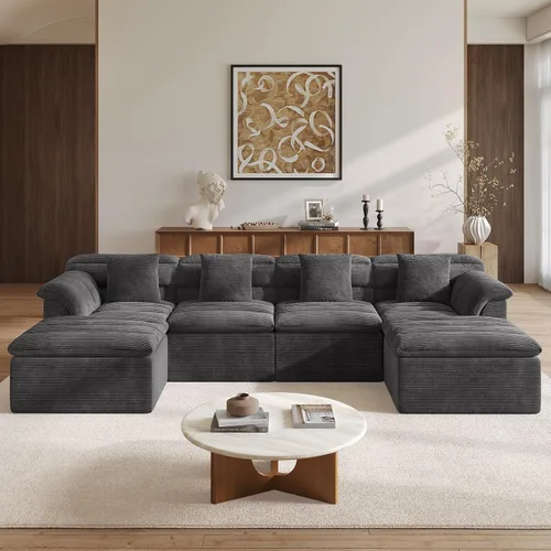 Vista 10 de Sofá modular de 111.8 pulgadas con otomana, sofá de nube sin hueso con asiento profundo, cómodos sofás de pana en forma de U para sala de estar,