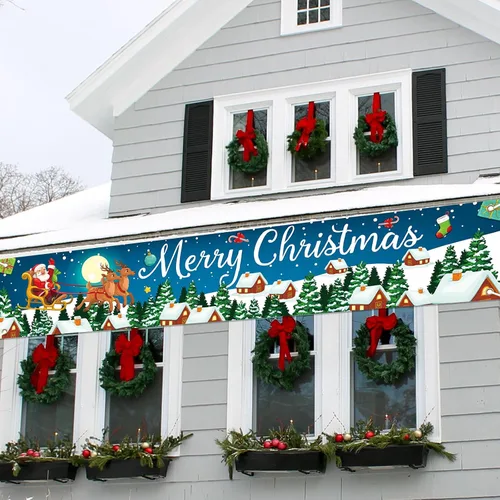 Vista 7 de Cartel de Navidad al aire libre, gran tela azul decoraciones de Feliz Navidad con Papá Noel renos regalos de fondo, cartel de Navidad para patio