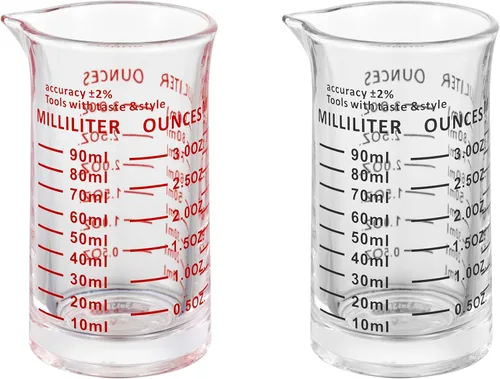 Vista 5 de Ackers - Vaso medidor de vidrio de 3 onzas líquidas, vaso de chupito con doble escala, marcas de ml para cocina y bar (paquete de 2)