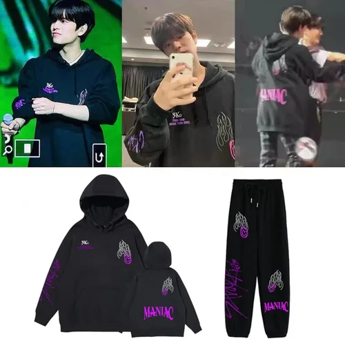 Vista 2 de YJYP Kpop Stray Kids World Tour Maniac - Conjunto de pantalones con capucha y pantalón Felix Hyunjin Bangchan 2 piezas sudadera y pantalones