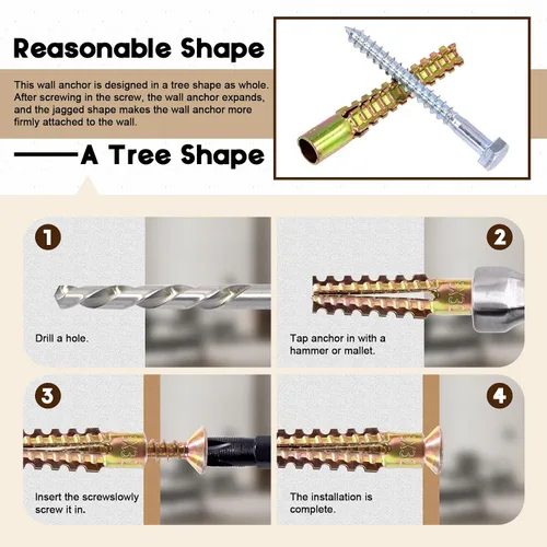 Vista 5 de Juego de 150 anclajes de pared de acero resistente con tornillos, 5 tamaños de anclaje de pared de acero en forma de árbol (M5 M6 M8 M10), tornillos
