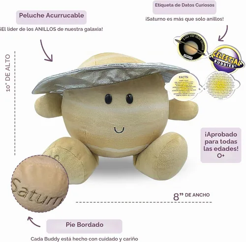 Vista 2 de Celestial Buddies Saturn Buddy Peluche suave de 10 pulgadas, características bordadas, etiqueta de datos divertidos de planetas para niños