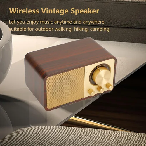 Vista 2 de Altavoz BT de madera retro vintage, radio AM FM portátil recargable con reproducción AUX/USB/TF, radio retro recargable para cafeterías