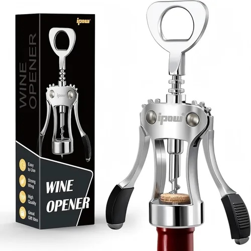 Vista 9 de IPOW Abridor de vino, abridor de botellas de vino de aleación de zinc, sacacorchos de ala resistente, sacacorchos multifuncional manual para Negro