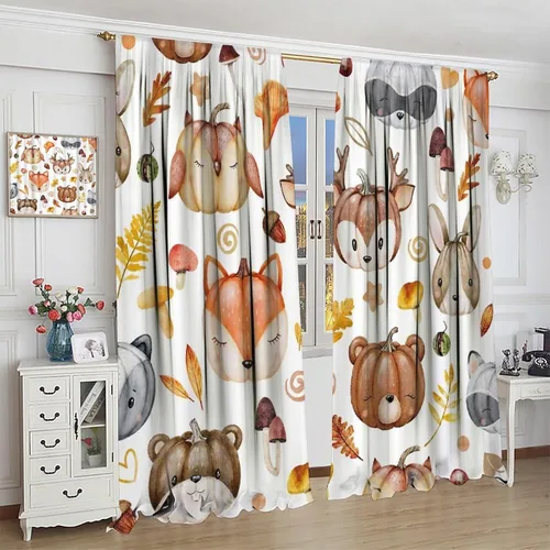 Vista 4 de Cortinas de calabaza de animales, lindos dibujos animados de animales del bosque, hojas de otoño y hongos, estampado de hojas y hongos, tratamientos