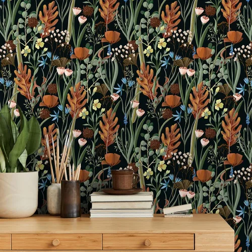 Vista 3 de VEELIKE Papel tapiz floral negro para despegar y pegar, papel de contacto floral seco silvestre para armarios, cajones, paredes, 17.7 x 354