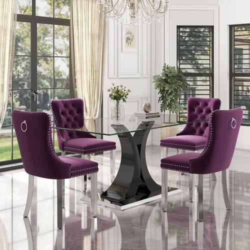 Vista 43 de Juego de comedor moderno de vidrio de lujo de 5 piezas, juego de cena rectangular minimalista grande para 4, juego de mesa de cocina de vidrio