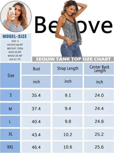 Vista 6 de Beyove Camiseta sin mangas con lentejuelas para mujer, con cuello en V, tirantes delgados, espalda cruzada, para fiesta