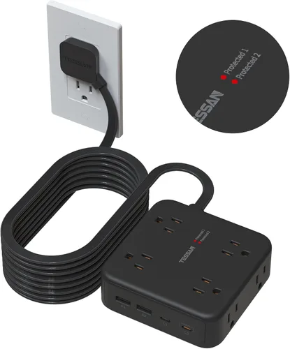 Vista 12 de TESSAN Regleta de alimentación con doble protector de sobretensiones, cable de extensión de 5 pies, enchufe de pared plana con 4 USB (2 USB C) 8