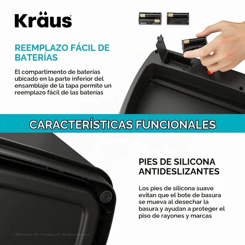 Vista 14 de Kraus GarbagePro Bote de basura rectangular de 13 galones manos libres con sensor de movimiento operado por batería en acabado negro mate con tapa