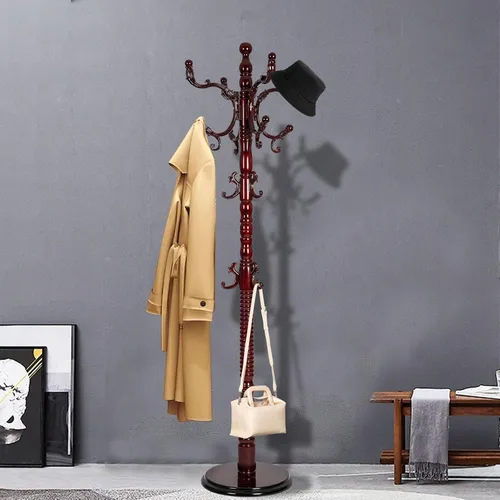 Vista 11 de Percheros de pie con 14 ganchos, perchero de madera natural con base redonda sólida, percheros de altura ajustable, fácil montaje para pasillo