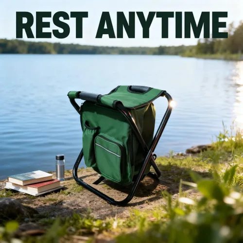 Vista 2 de Folding Backpack Stool, Heavy Duty Cloth with Cooler Bag, Lightweight Portable - X - Bracket, Convenient Side Pocket, Ideal for Camping and Fishing