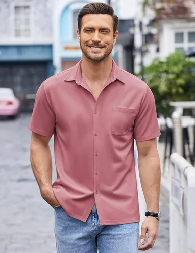 Vista 2 de COOFANDY Camisas casuales con botones para hombre, de manga corta, ajuste regular, sin pliegues, de punto, texturizadas