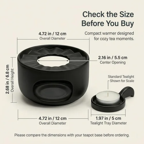 Vista 2 de Calentador de tetera de cerámica mate con cuchara de vela extraíble, base de calentador de té de bajo perfil para teteras de vidrio o cerámica Negro