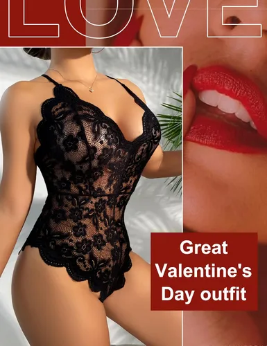 Vista 2 de Avidlove - Body de encaje sexy lencería de una pieza para mujer escote en V profundo