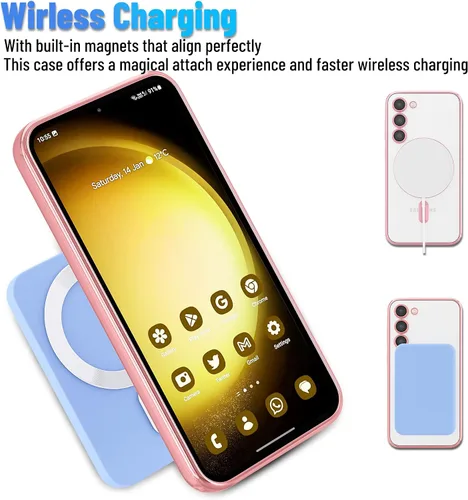 Vista 2 de Funda magnética para Samsung Galaxy S23, borde galvanizado, parte trasera transparente, funda protectora delgada con protección de cámara, Rosa
