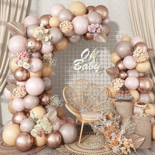 Vista 18 de Kit de guirnalda de globos negro, blanco y dorado, 115 piezas de arco de globos beige arena negro crema oro metálico con globos de papel de aluminio