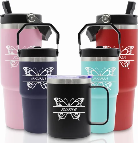 Vista 12 de Vasos de acero inoxidable grabados personalizados con nombres, tazas aisladas personalizadas con asa, taza de café de viaje, regalos para ella/él