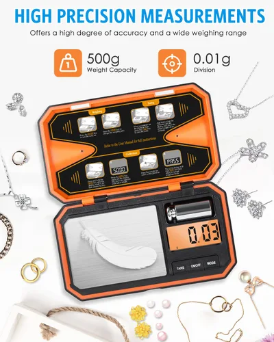 Vista 2 de AMIR Báscula digital de bolsillo, báscula de alta precisión de 17.64 oz x 0.00 oz con pantalla LCD, báscula digital de alimentos con función