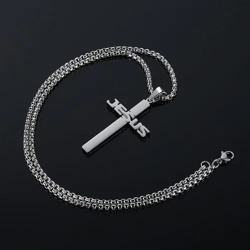 Vista 4 de REVEMCN Collar con colgante de cruz de Jesús de acero inoxidable para hombres y mujeres, cadena Rolo de 20 a 24 pulgadas, regalos cristianos