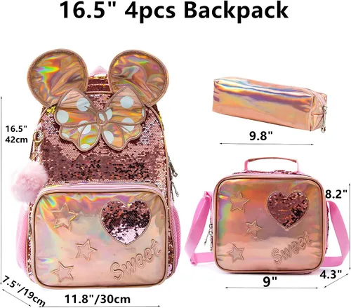 Vista 8 de Mochila para niñas de 16 pulgadas, mochilas para niñas para la escuela, mochila de lentejuelas con lonchera para estudiantes de primaria