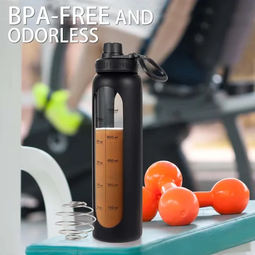Vista 5 de Botella agitadora de vidrio de 34 oz/1 L, botella mezcladora de proteínas de vidrio negro con bola agitadora, botellas grandes para mezclas
