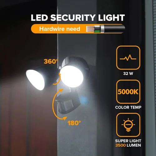 Vista 2 de UME Paquete de 2 Luces LED de Seguridad de 32W 3500 Lúmenes con Sensor de Movimiento para Exteriores, Luz Diurna 5000K, IP65 Impermeable, del Negro