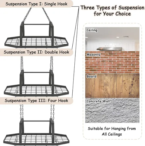 Vista 7 de Estante hexagonal para ollas de techo con 15 ganchos, 34 pulgadas de metal para colgar ollas y sartenes para colgar en el techo, perchas para ollas