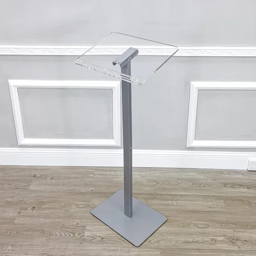 Vista 3 de FixtureDisplays® Podio acrílico para piso, poste de aluminio y base - transparente y plata 119741