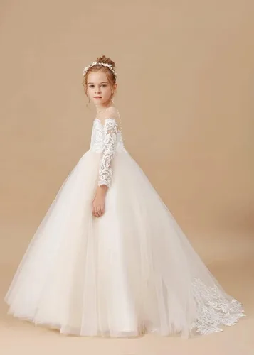Vista 5 de Melinda - Vestidos de flores para niñas, apliques de encaje, tul de manga larga, vestido largo de princesa para boda, concurso