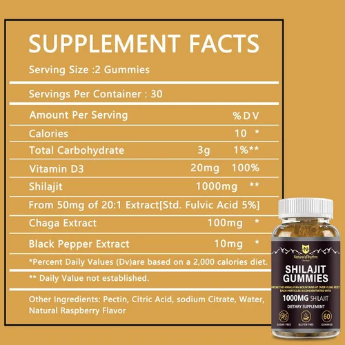 Vista 2 de Nature's Rhythm - Gomitas Shilajit de 1000 mg con ácido fúlvico 60 gomitas para apoyo energético e inmunidad para hombres y mujeres Ricas en más