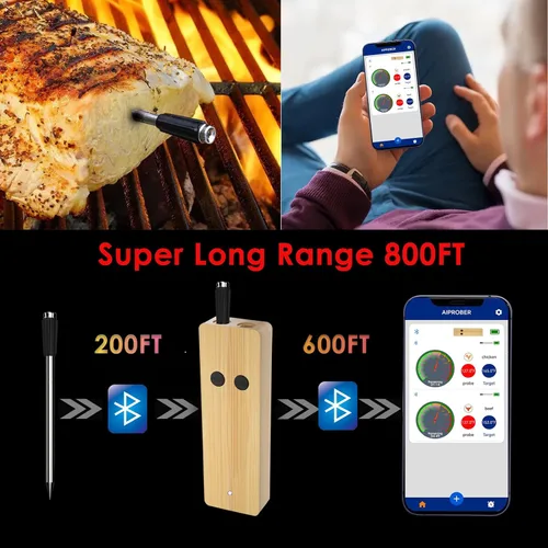 Vista 2 de Termómetro inalámbrico de carne para asar y ahumar, termómetro Bluetooth de 800 pies con sonda de doble sensor, termómetro de alimentos