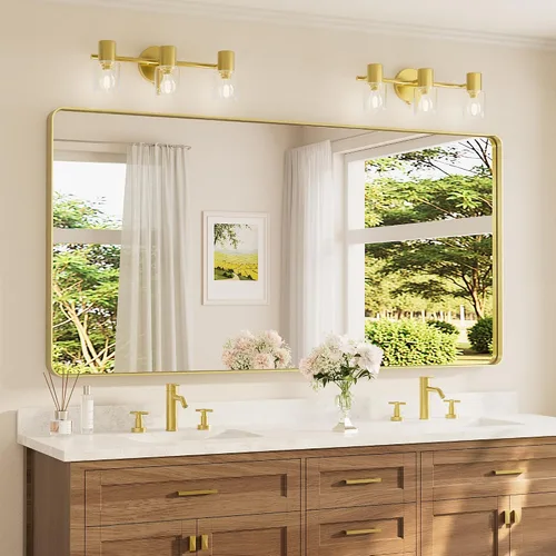 Vista 110 de Espejo de marco dorado cepillado de 16 x 24 pulgadas, espejo de tocador de baño de latón dorado para pared, espejo enmarcado rectangular de esquina