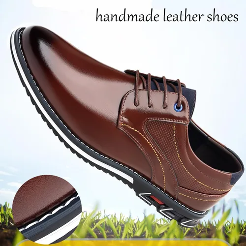 Vista 4 de Zapatos Oxford planos de cuero para hombre, zapatos casuales con cordones, zapatos de moda para caminar, negocios, oficina, fiesta, mocasines cómodos