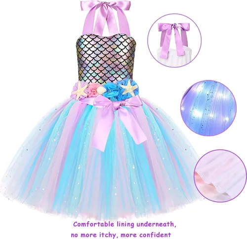 Vista 2 de Davsolly Mermaid Costume for Girls Led Light Up Mermaid Dress for Mermaid Birthday Decorations Gifts Halloween Dress Up