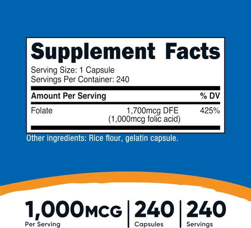 Vista 2 de Nutricost ácido fólico (Vitamina B9) 1000 mcg, 240 Cápsulas, 1 botella, 1