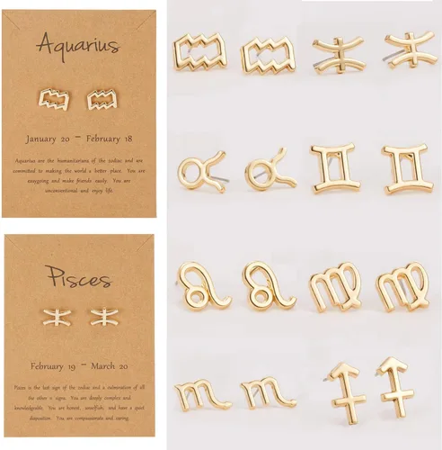 Vista 4 de Pendientes de tuerca chapados en oro de 18 quilates con tarjeta, horóscopo, zodíaco, cartulina de lágrima ligera y pequeña astrología, para mujeres